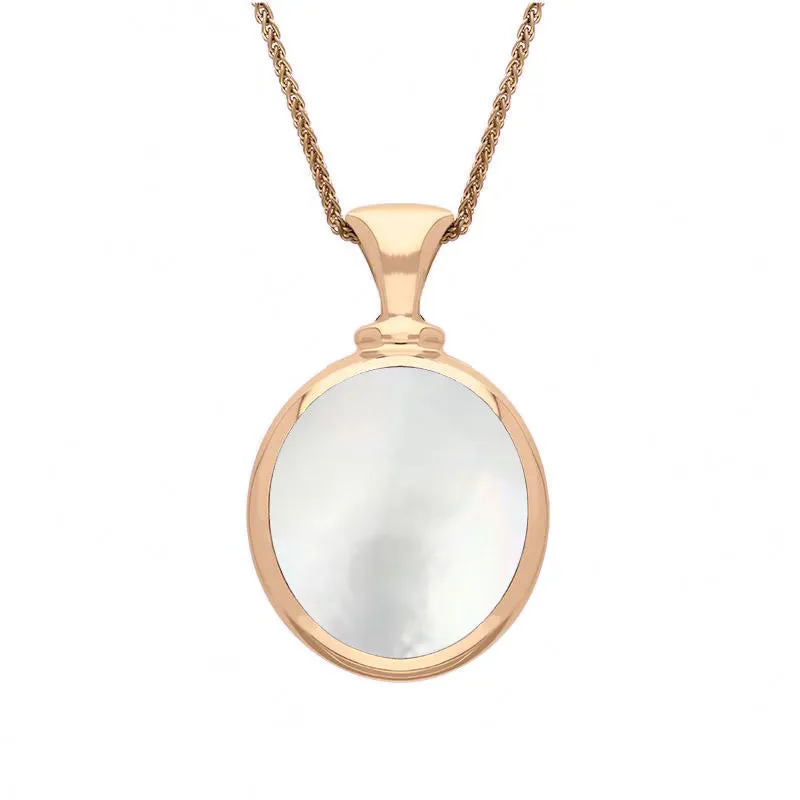 18ct Rose Gold Whitby Jet Mother Of Pearl Small Double Sided Oval Fob Necklace