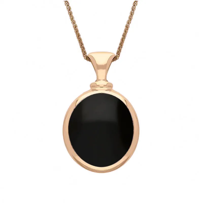 18ct Rose Gold Whitby Jet Mother Of Pearl Small Double Sided Oval Fob Necklace