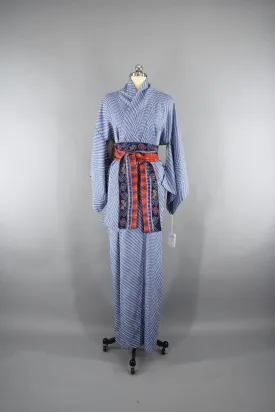 1950s Vintage Kimono Robe in Periwinkle Blue & White