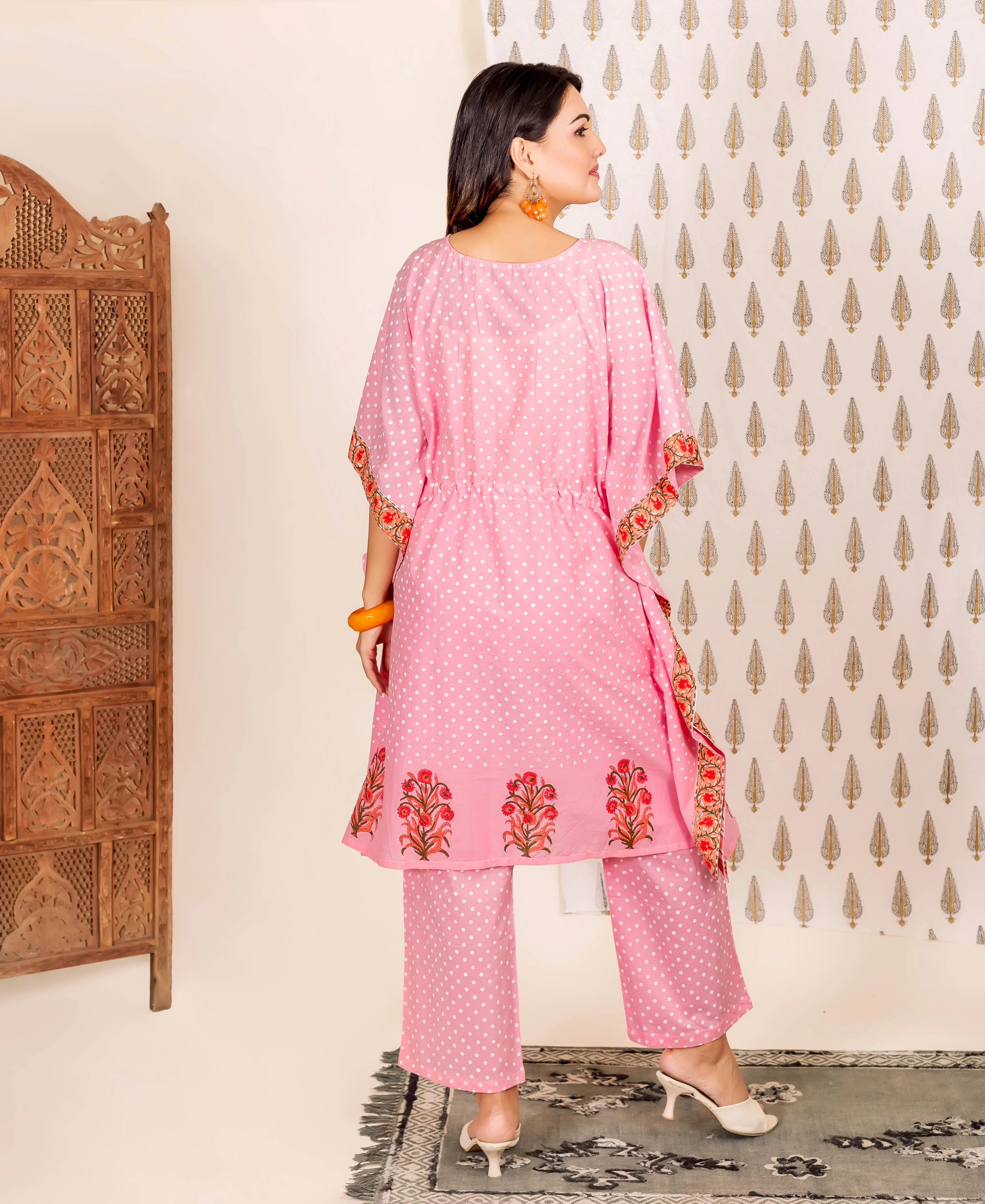 2 Piece Pink Polka Dot Printed Kaftan Set