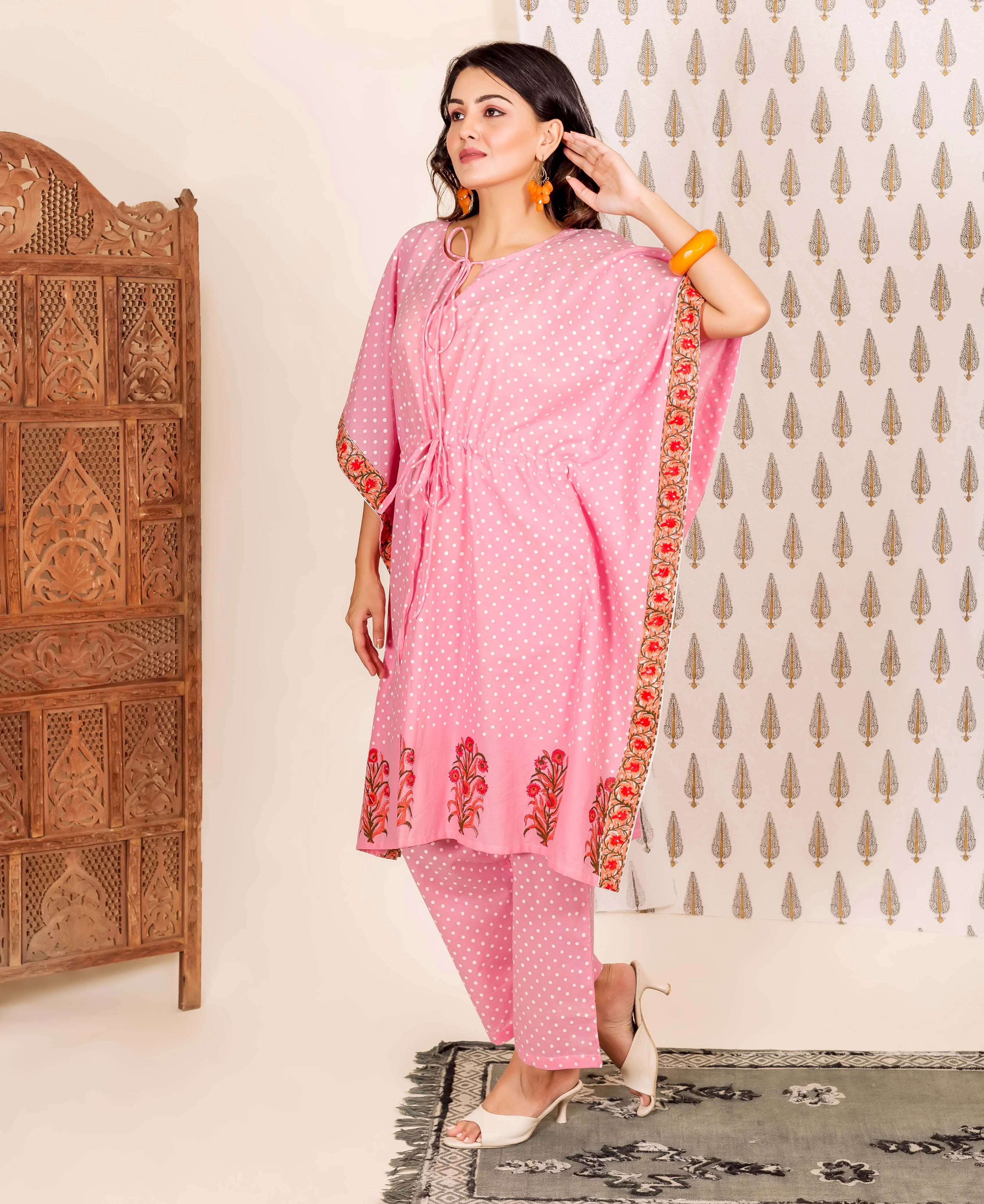 2 Piece Pink Polka Dot Printed Kaftan Set