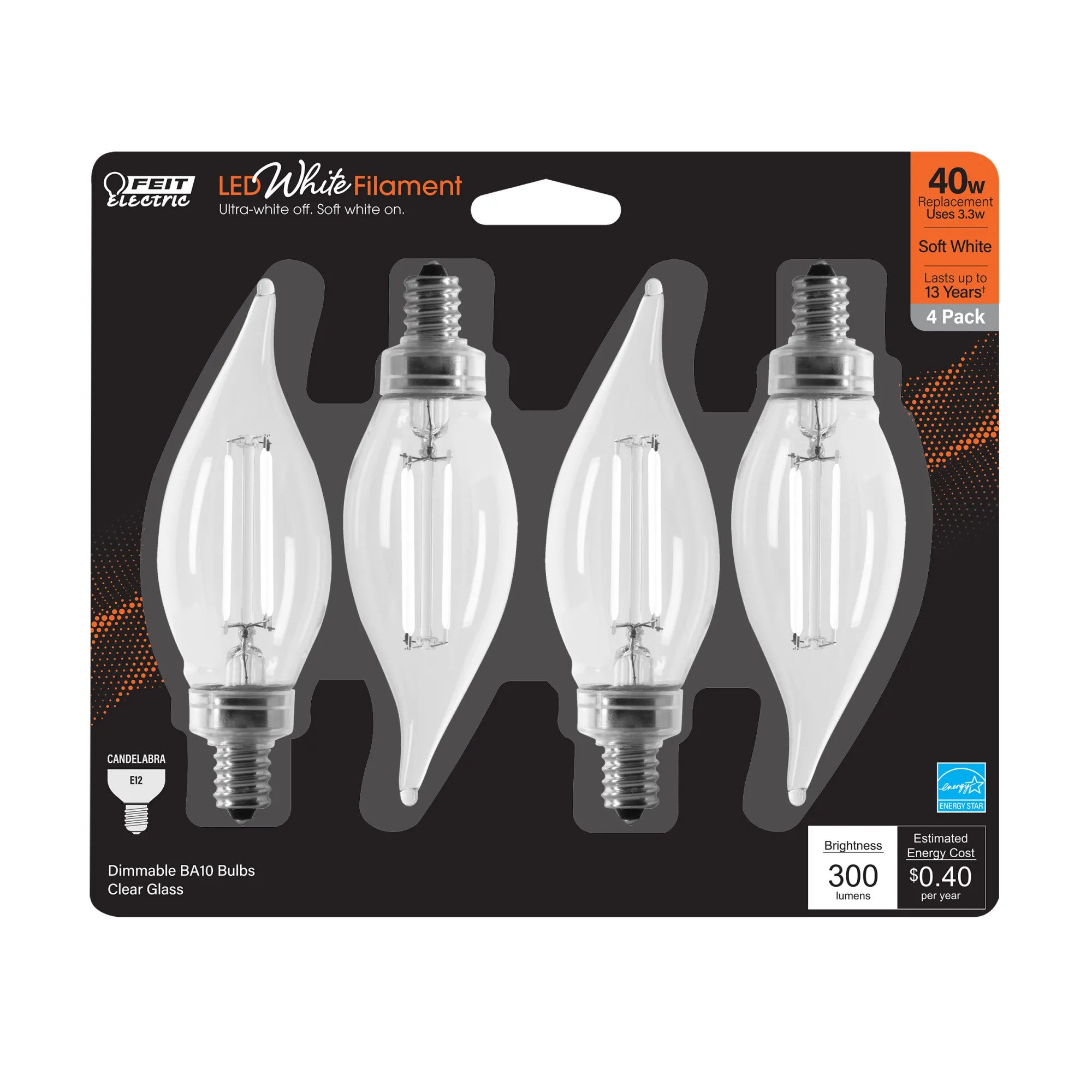 3.3W (40W Replacement) Soft White (2700K) E12 Base BA10 Flame Tip Exposed White Filament LED Bulb (4-Pack)