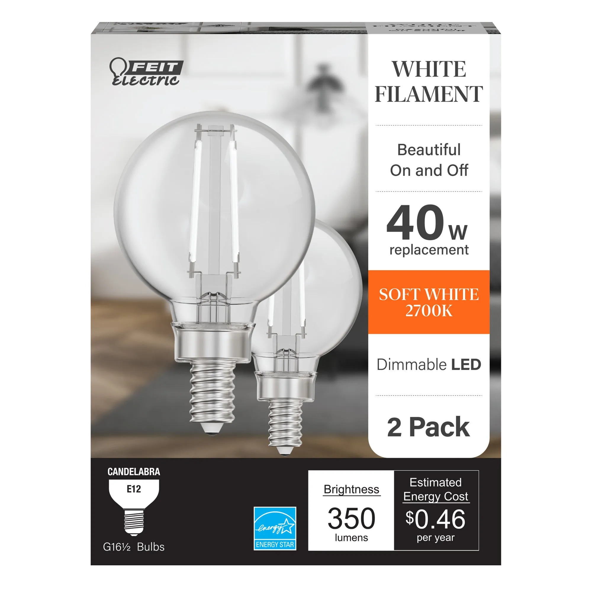 3.8W (40W Replacement) Soft White (2700K) G16 1/2 Globe Shape (E12 Base) Exposed White Filament LED Bulb (2-Pack)