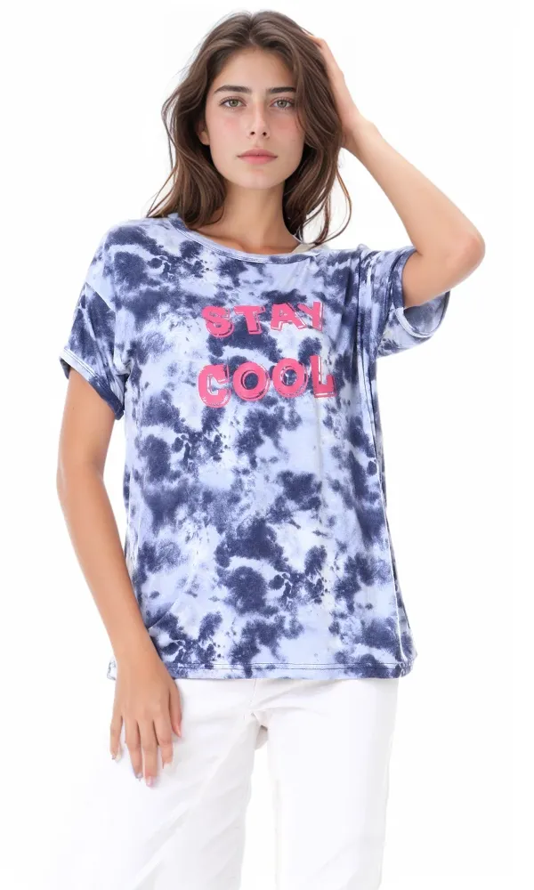 56562 Printed "Stay Cool" Tie Dye Heather Indigo Top