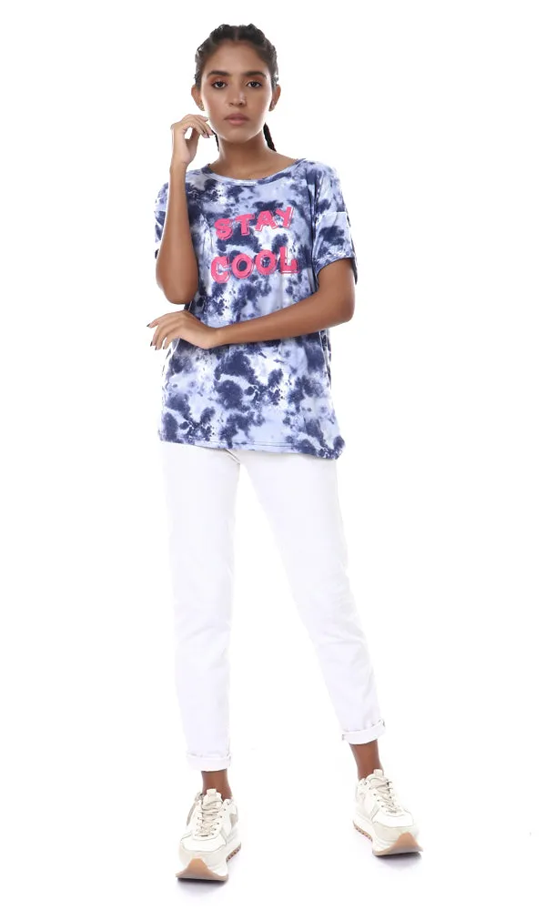 56562 Printed "Stay Cool" Tie Dye Heather Indigo Top