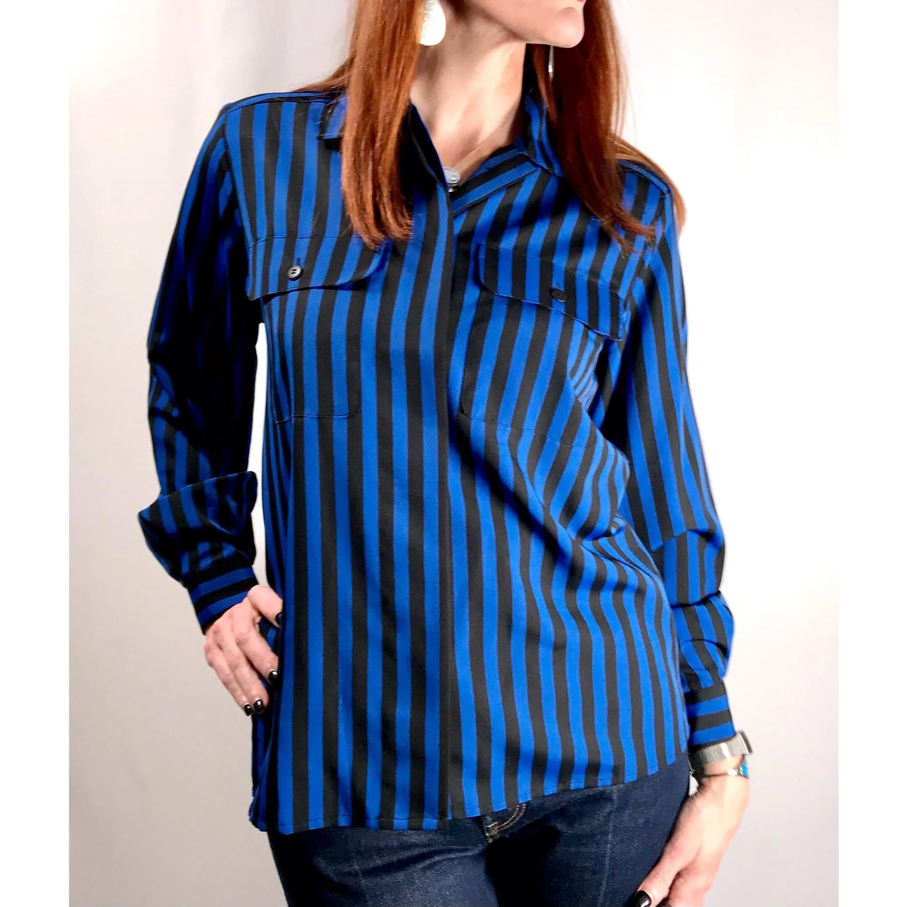 '80s Deadstock Blue & Black Button Down Top by Yves St. Clare