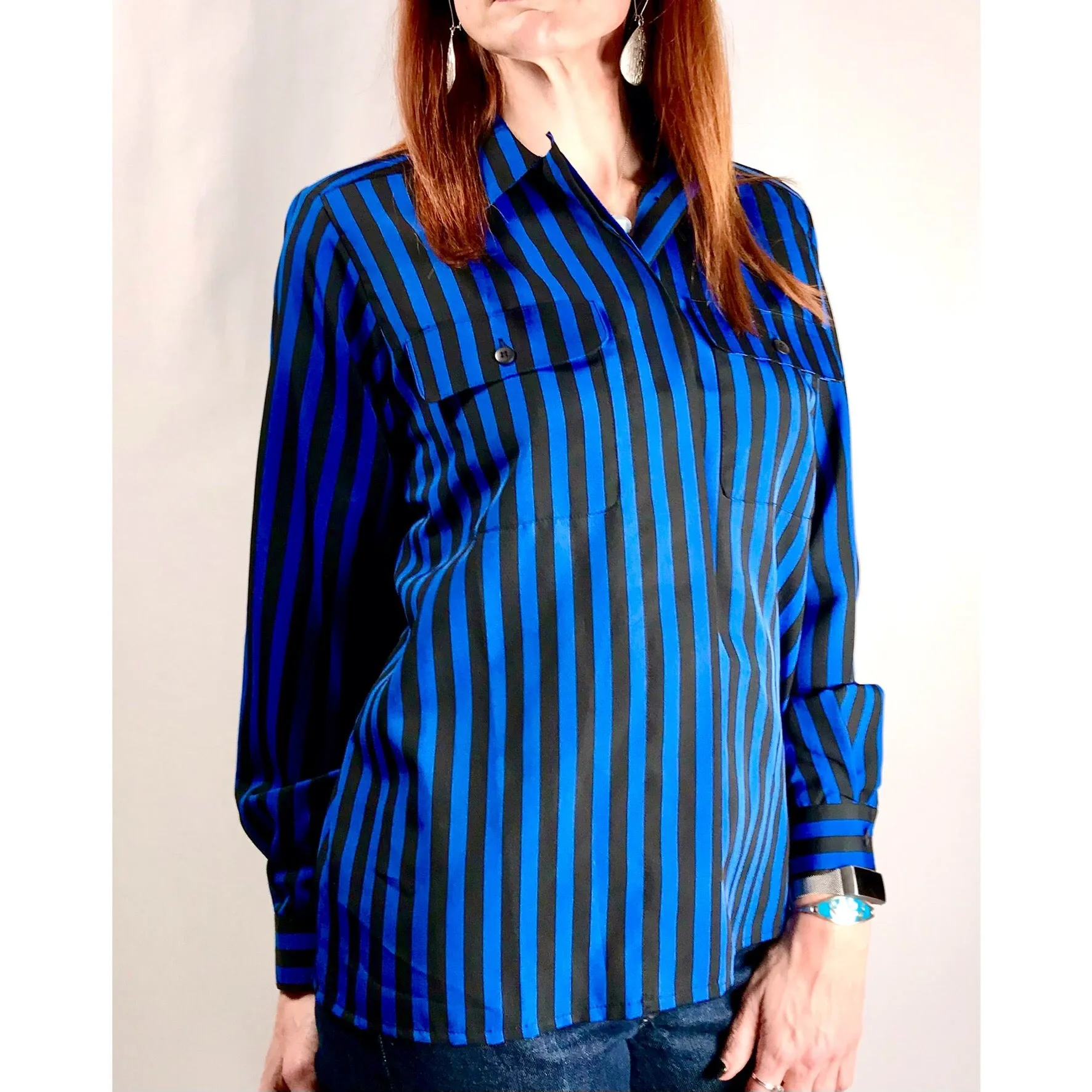 '80s Deadstock Blue & Black Button Down Top by Yves St. Clare