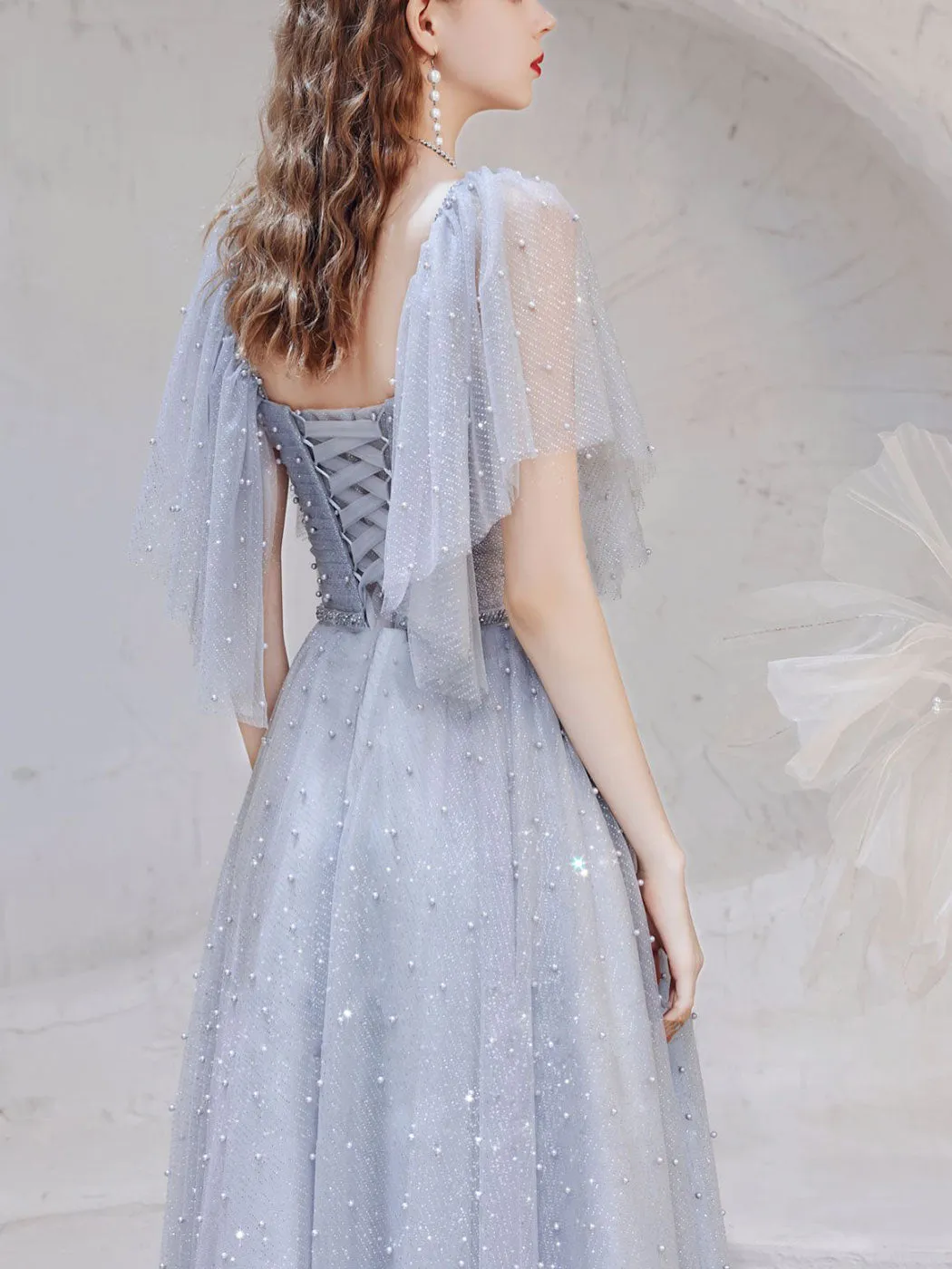 A-Line Square Neckline Tulle Gray Long Prom Dress, Gray Formal Dresses