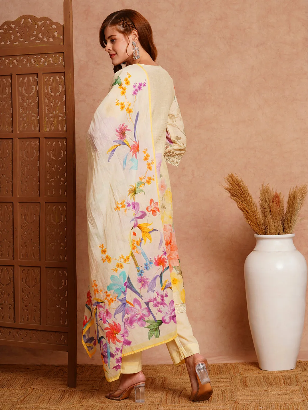 Abstract Floral Printed & Embroidered Straight Kurta with Pant & Dupatta - Cream