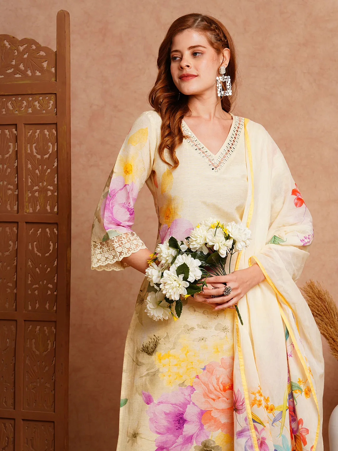 Abstract Floral Printed & Embroidered Straight Kurta with Pant & Dupatta - Cream