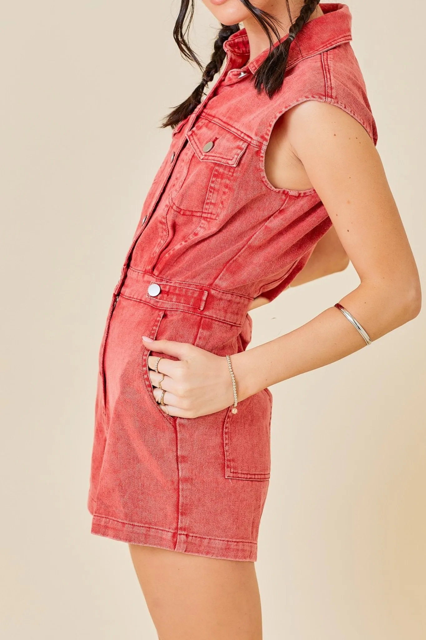 Acting Up Romper in Washed Red