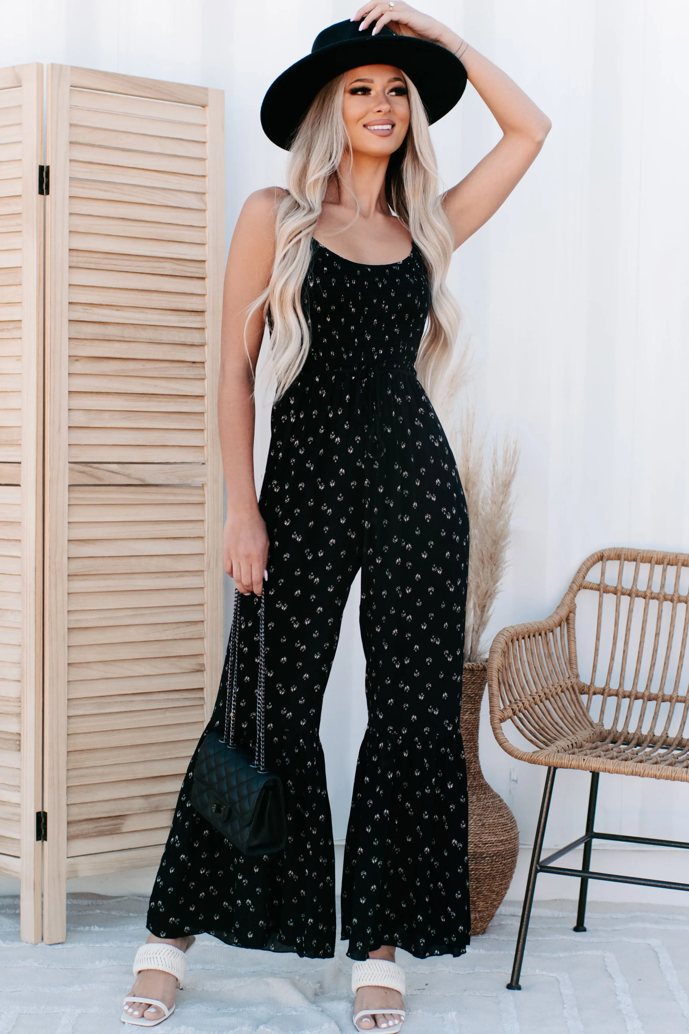 Adjust Your Focus Smocked Bust Printed Jumpsuit (Black)