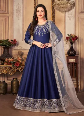 Art Silk Blue Embroidered Gown