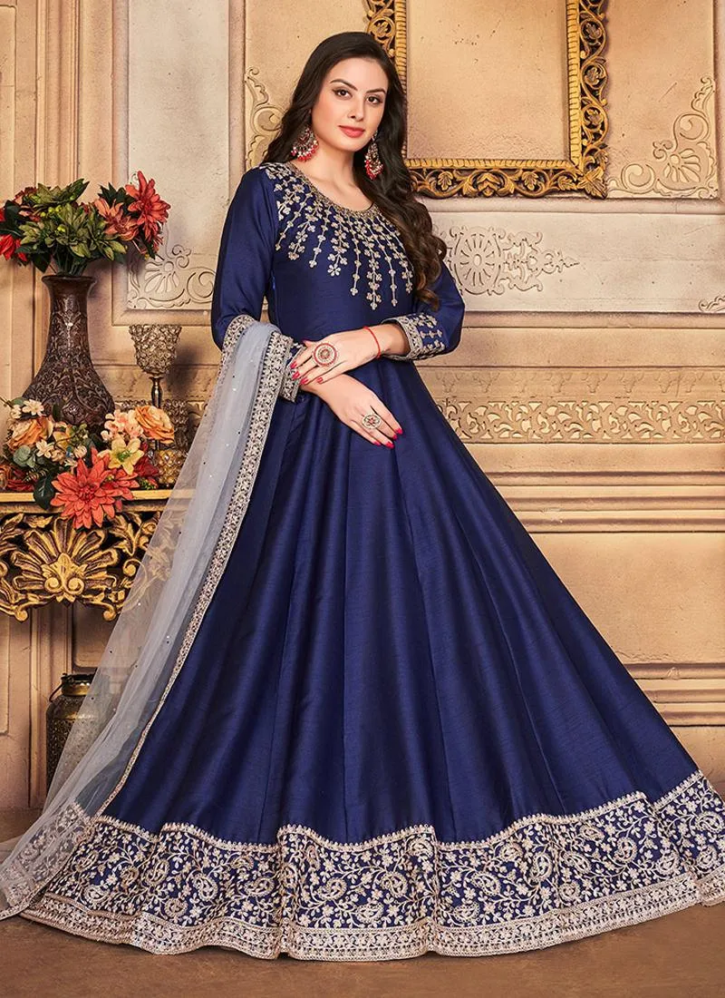 Art Silk Blue Embroidered Gown