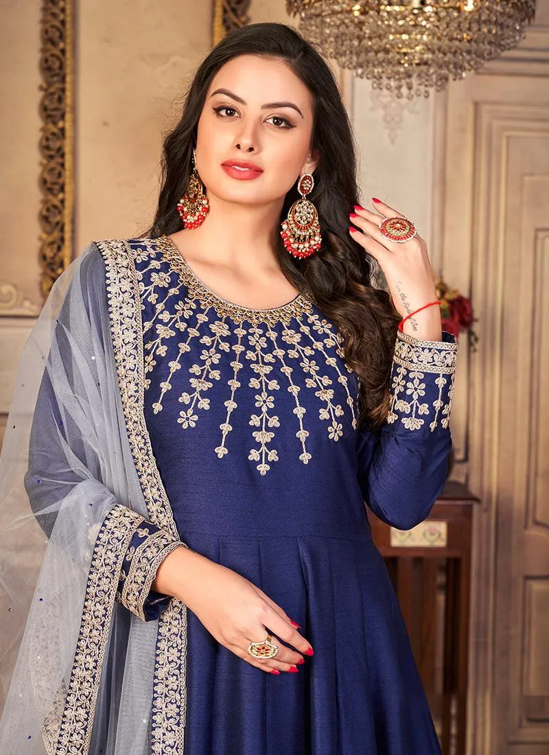 Art Silk Blue Embroidered Gown