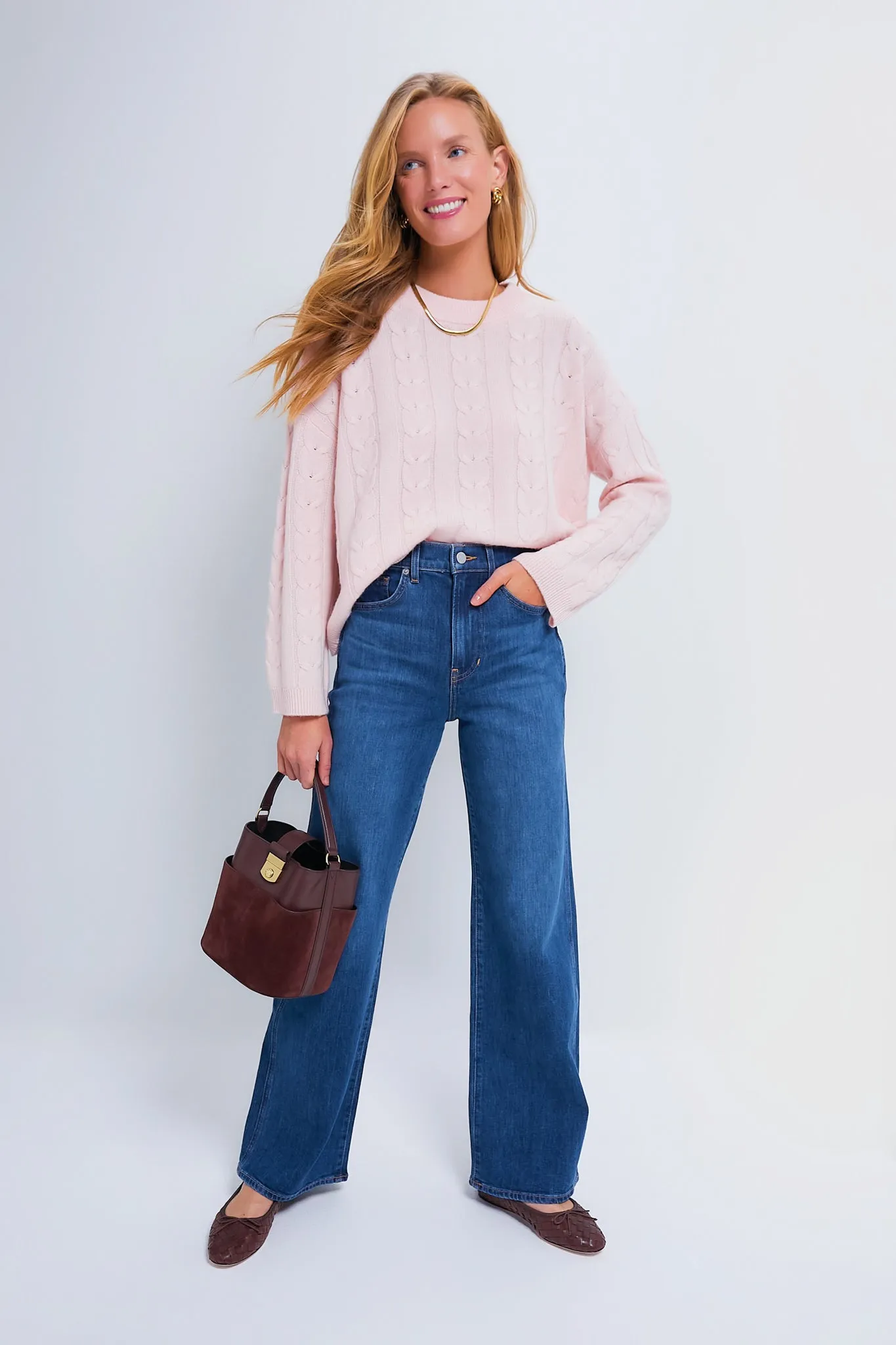 Ballet Slipper Cashmere Eloise Cable Knit Boyfriend Crewneck