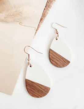 Beautiful Wood and White Resin Teardrop Earrings