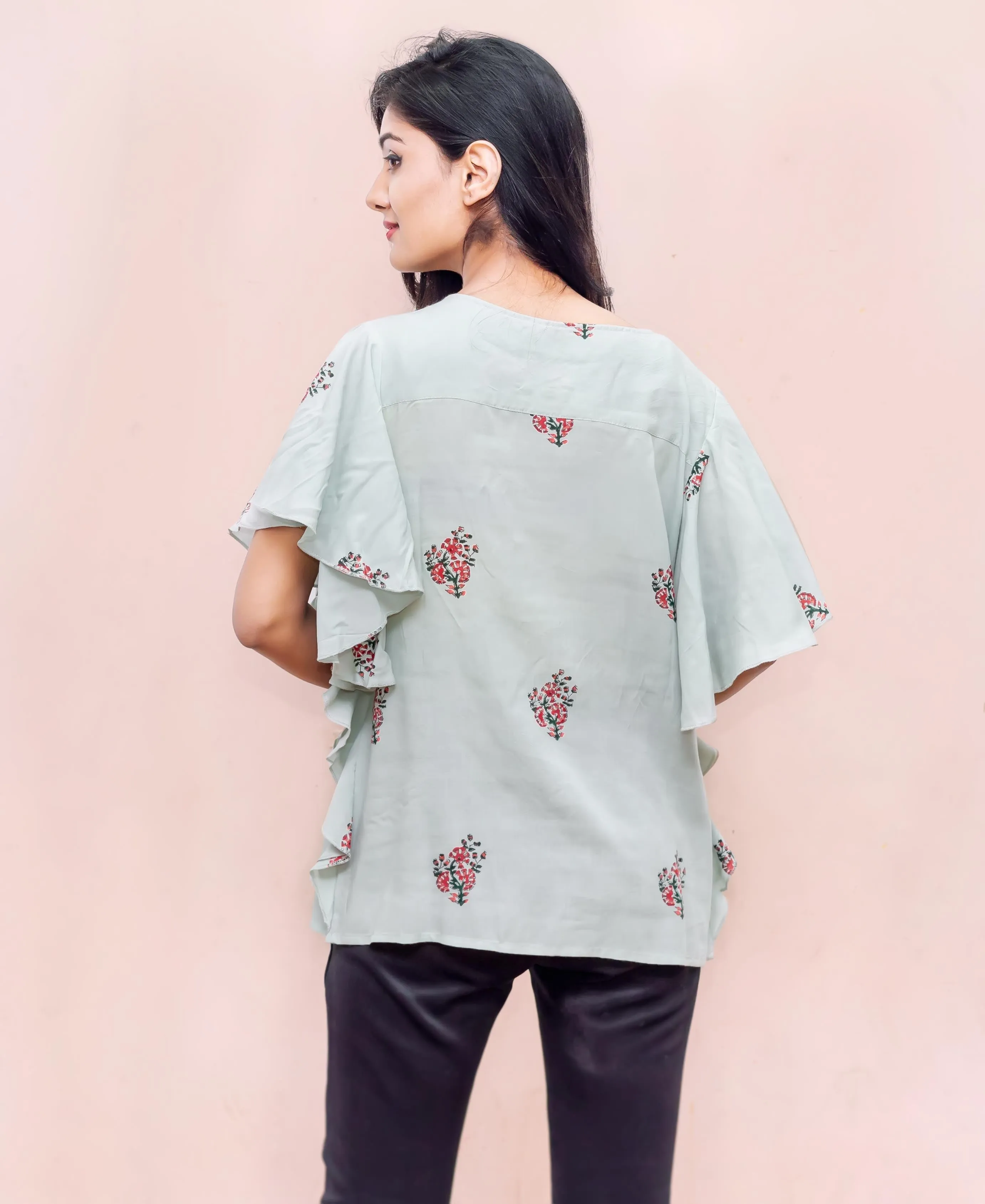 Bell Sleeves Rayon Hand Block Printed Top