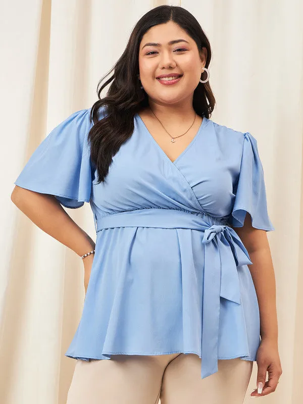 Berrylush Curve Women Solid Blue V-Neck Flutter Sleeves Waist Tie-Up Layered Regular Peplum Top