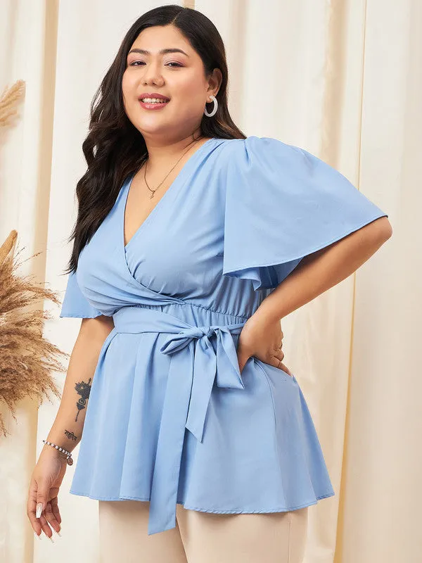 Berrylush Curve Women Solid Blue V-Neck Flutter Sleeves Waist Tie-Up Layered Regular Peplum Top