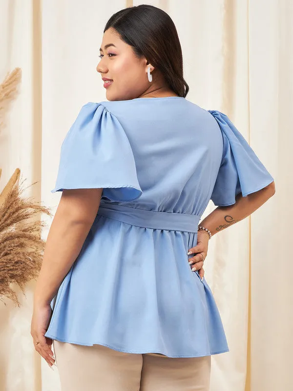 Berrylush Curve Women Solid Blue V-Neck Flutter Sleeves Waist Tie-Up Layered Regular Peplum Top