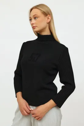 Black Knit Embroidered Turtleneck