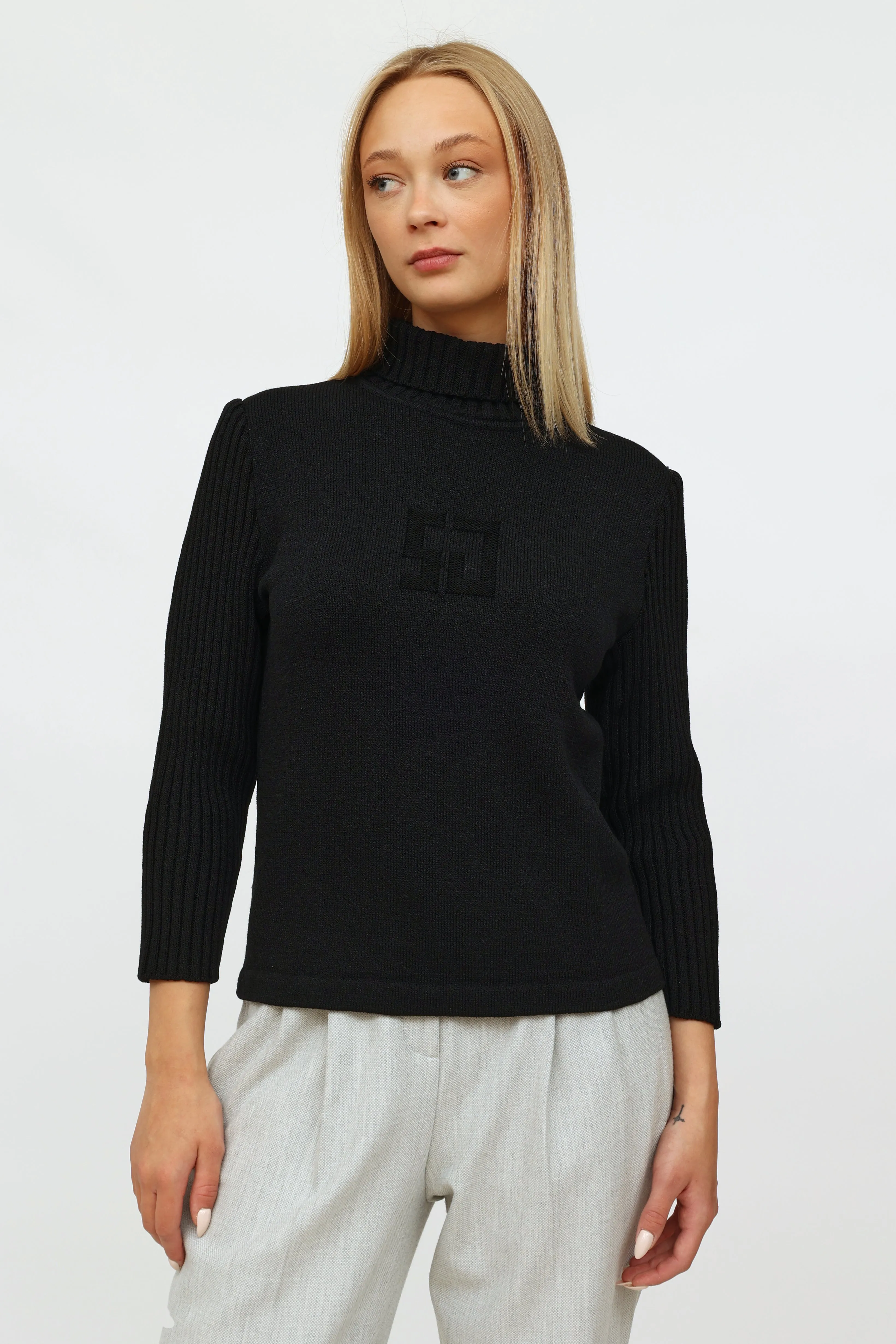 Black Knit Embroidered Turtleneck