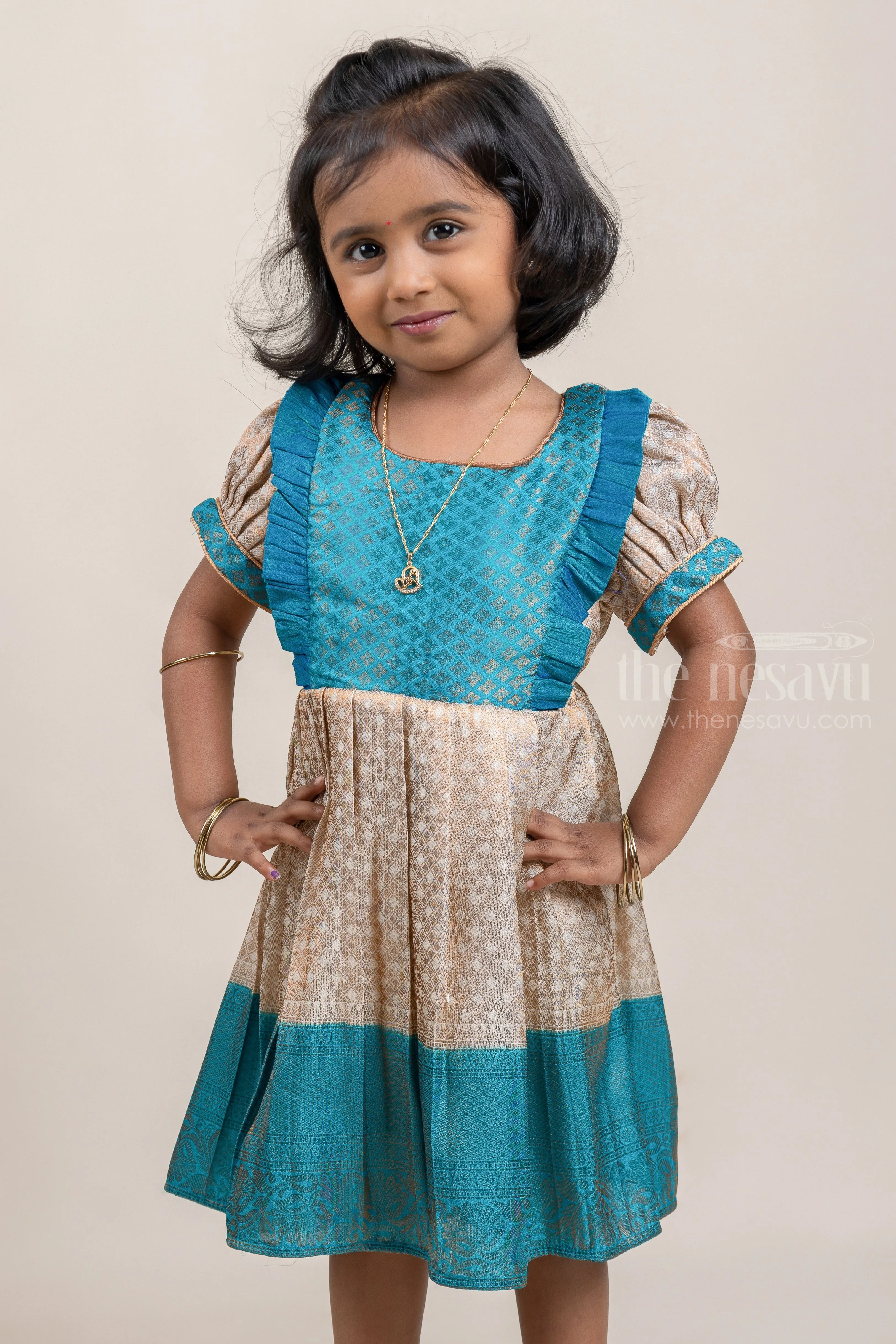 Blue with Half White Banarasi Silk Pattu Frock For Kids Girls