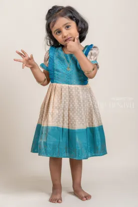 Blue with Half White Banarasi Silk Pattu Frock For Kids Girls