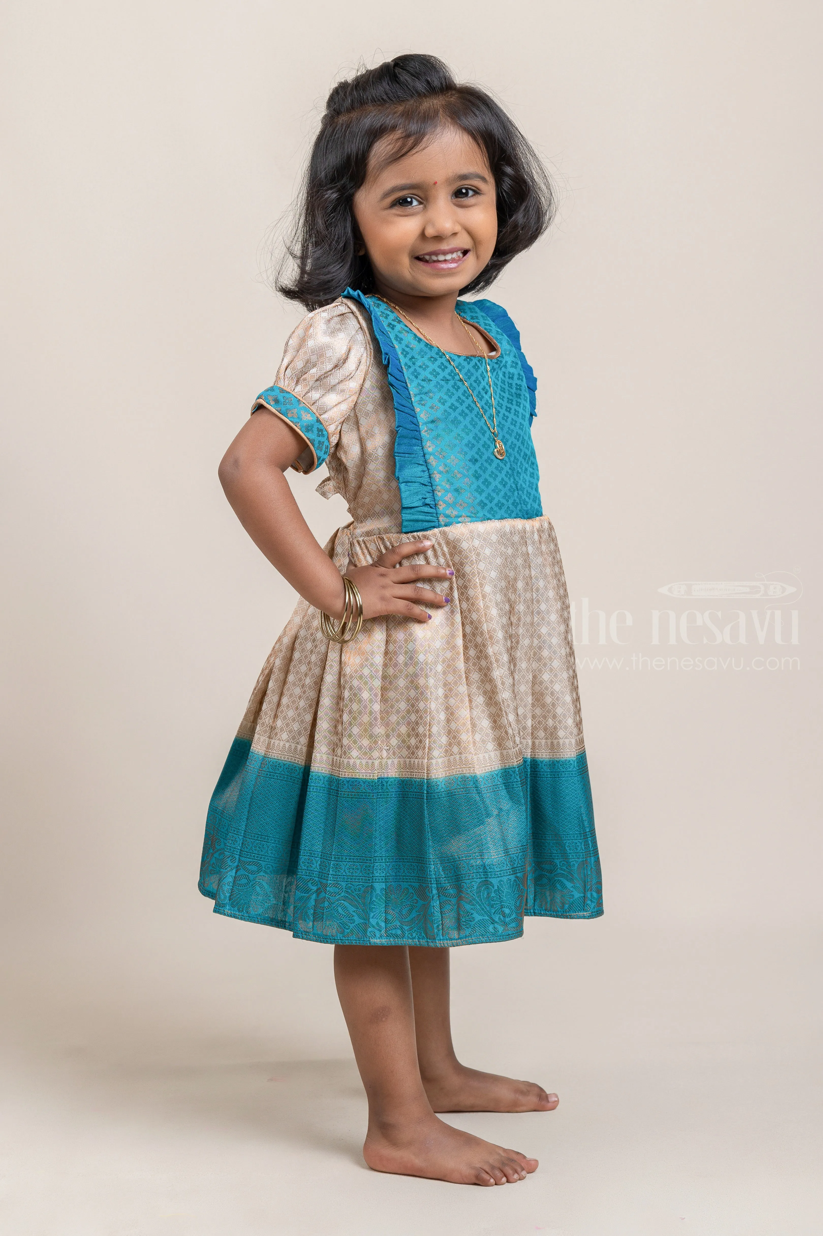 Blue with Half White Banarasi Silk Pattu Frock For Kids Girls