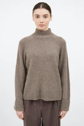 Brown Cashmere Knit Mock Neck Sweater