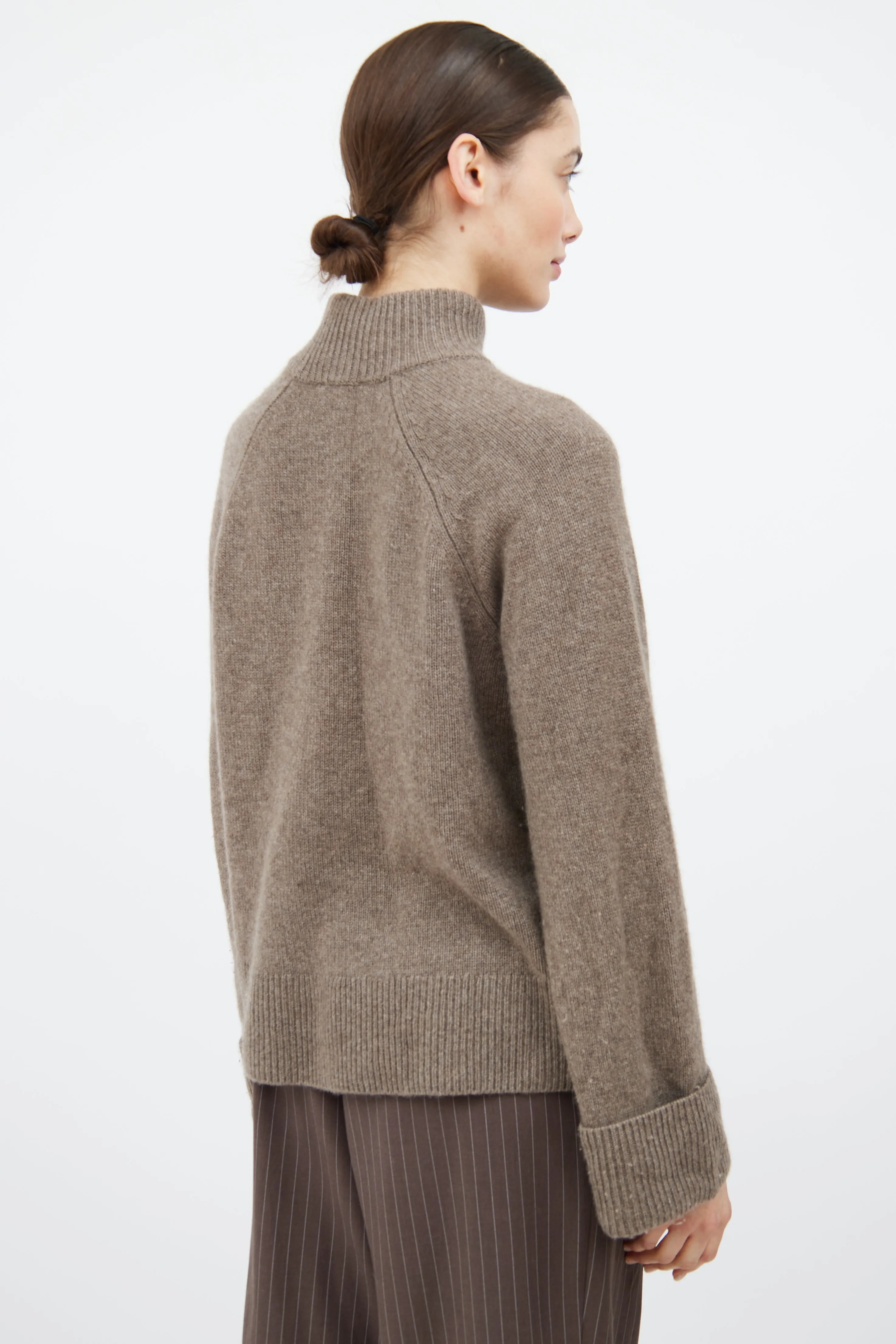 Brown Cashmere Knit Mock Neck Sweater