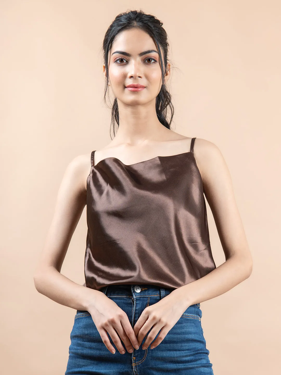 Brown cowl neck cami top