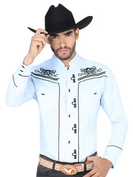 Camisa Vaquera Charra Bordada Manga Larga Azul Claro para Hombre 'El Señor de los Cielos' - ID: 123906