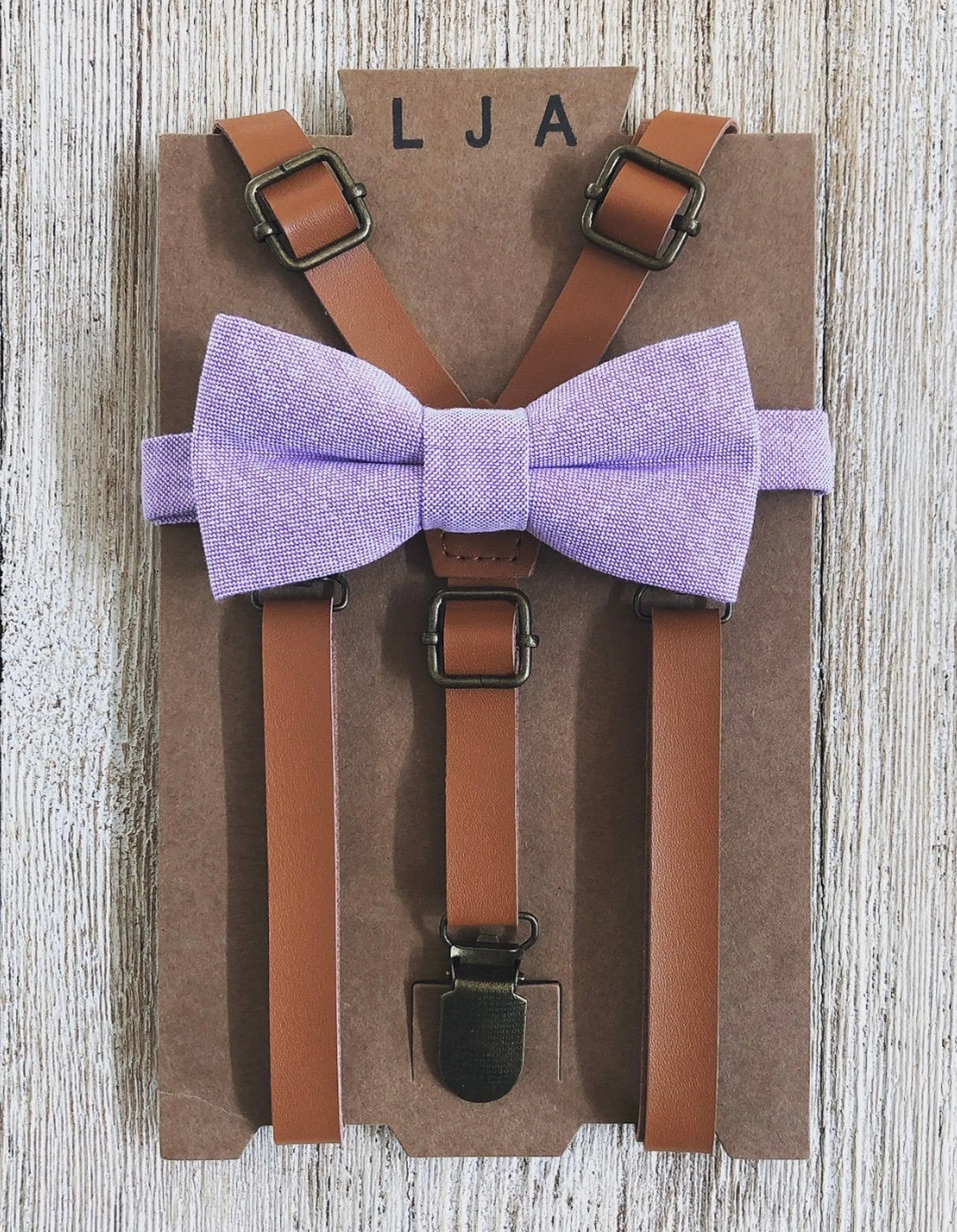 Caramel Skinny Suspenders with Lavender Cotton Bow Tie