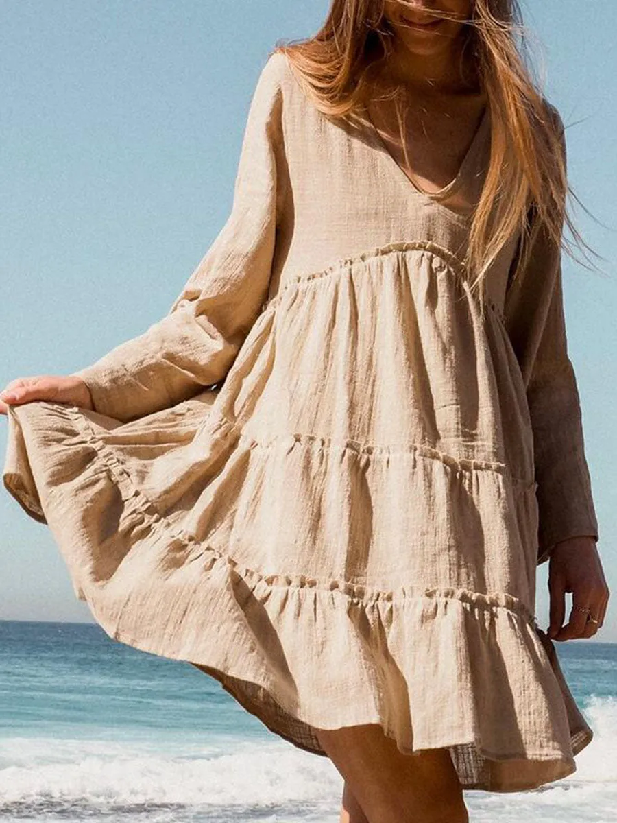 Casual Beach V-neck Loose Cotton Dress