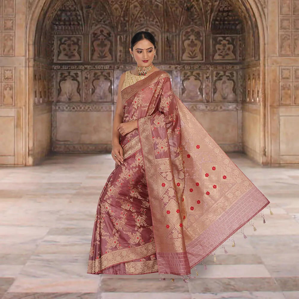 Chiniya Silk Upada Sari with Jaal work - Wine