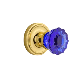 Classic Rosette with Cobalt Crystal Knob in Unlacquered Brass