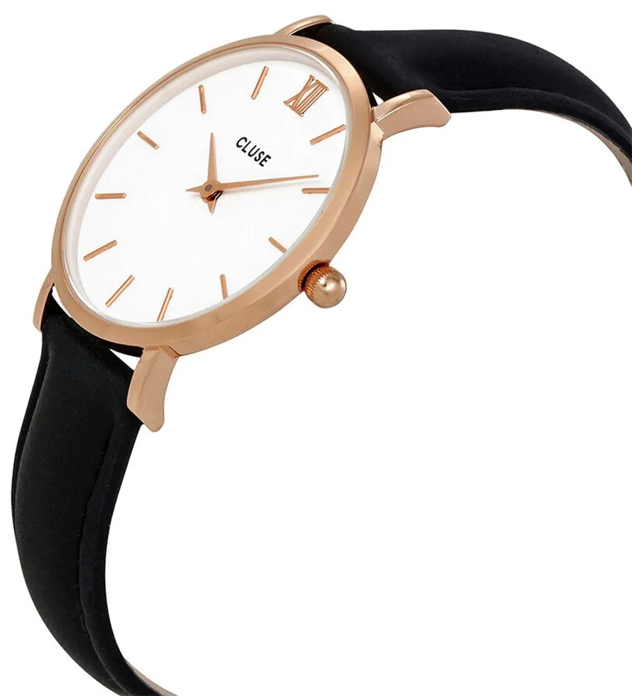 Cluse Minuit Black Leather Rose Gold Plated Steel White Dial Womens Watch CL30003