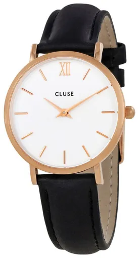 Cluse Minuit Black Leather Rose Gold Plated Steel White Dial Womens Watch CL30003