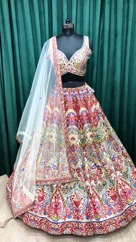 Cream Silk Lehenga With Zari, Mirror, Thread And Digital Print