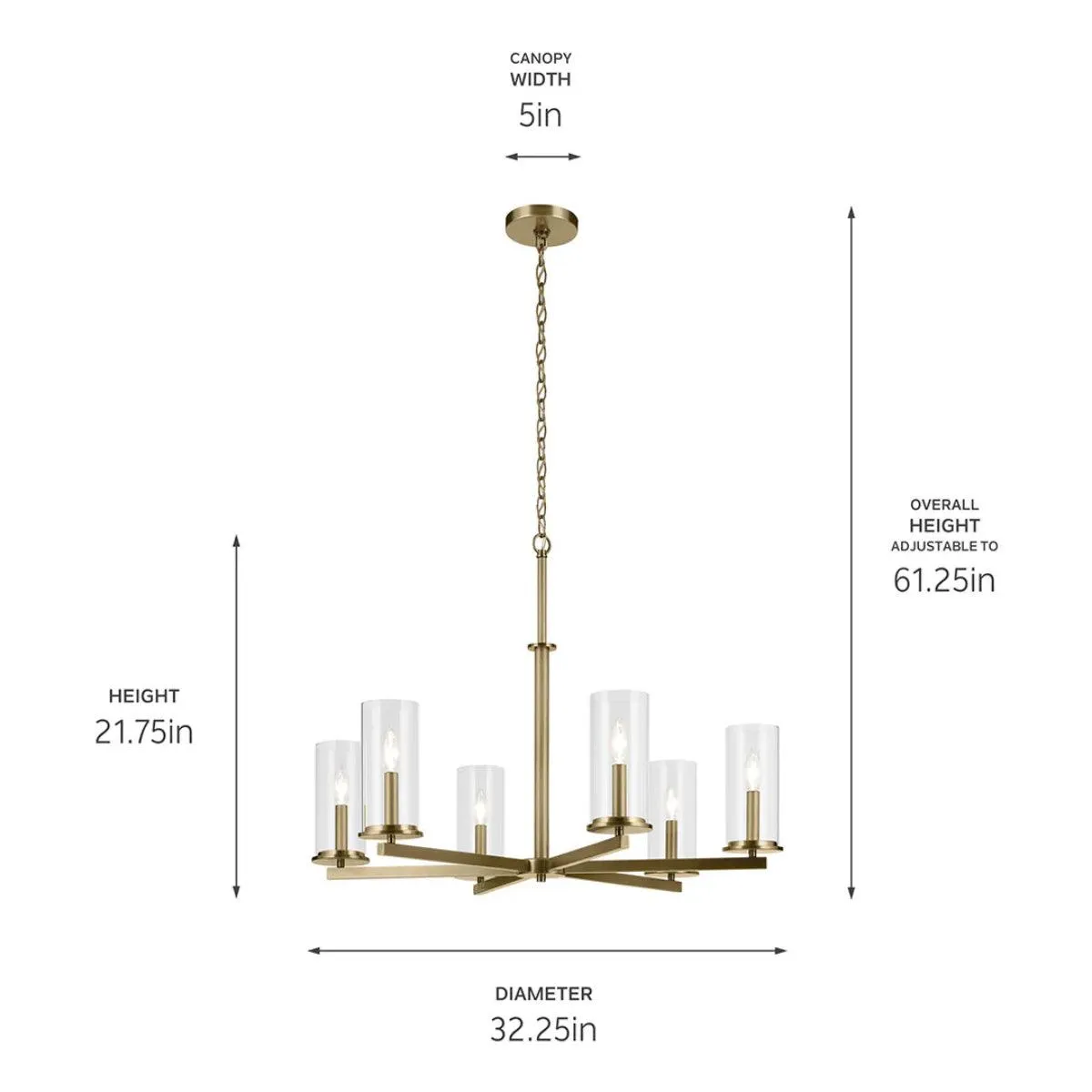 Crosby 32" 6-Light Chandelier 1-Tier with Clear Glass, Natural Brass Finish