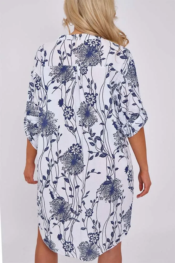 Dandelion Flower Print Pockets Cotton Long Shirt