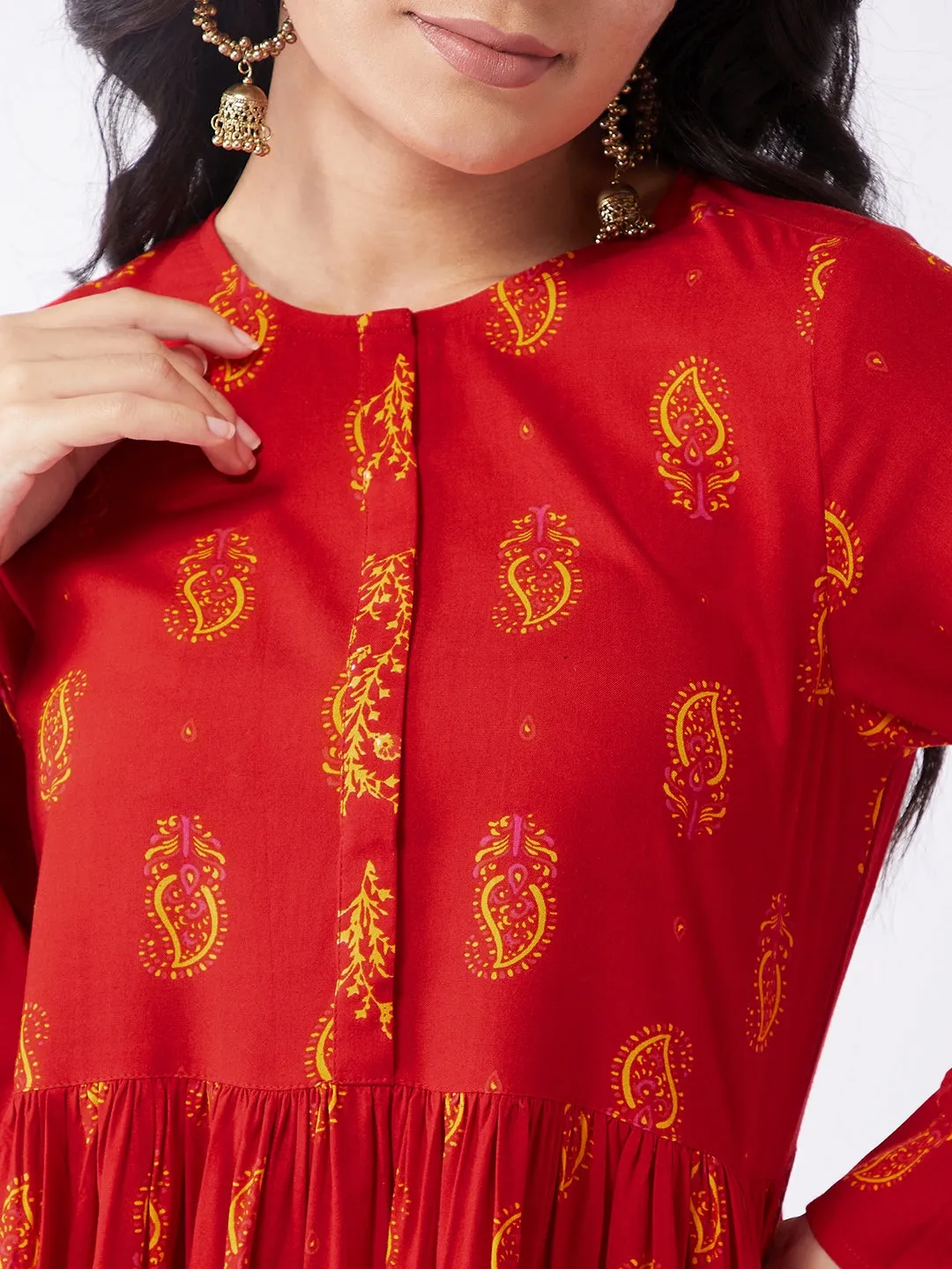 Digital Printed Sindoor Flared Top With Dhoti