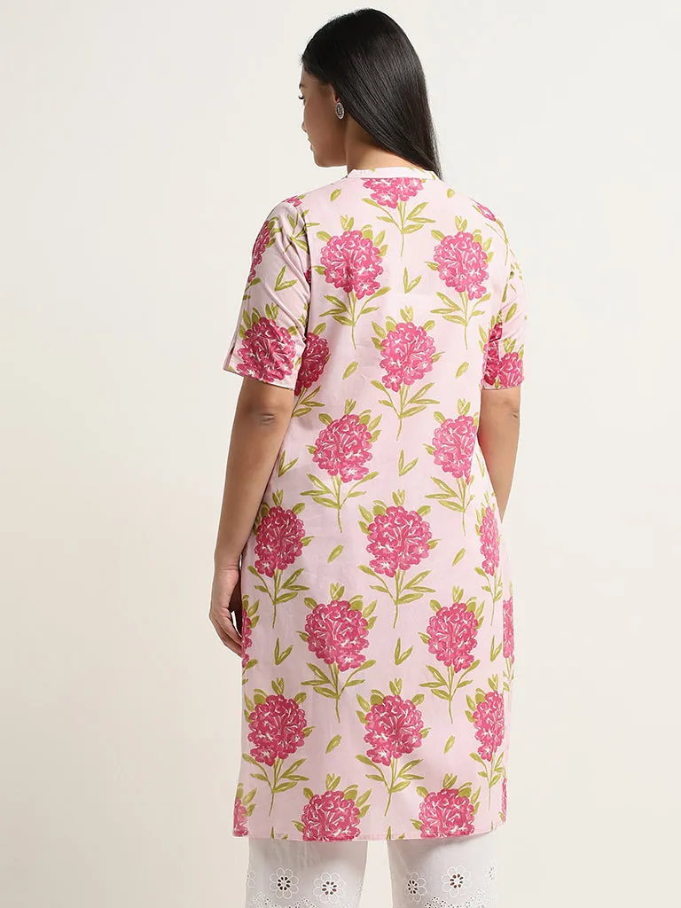 Diza Pink Floral Printed Straight Cotton Kurta