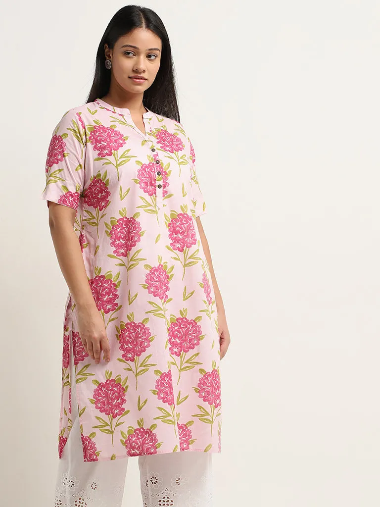 Diza Pink Floral Printed Straight Cotton Kurta