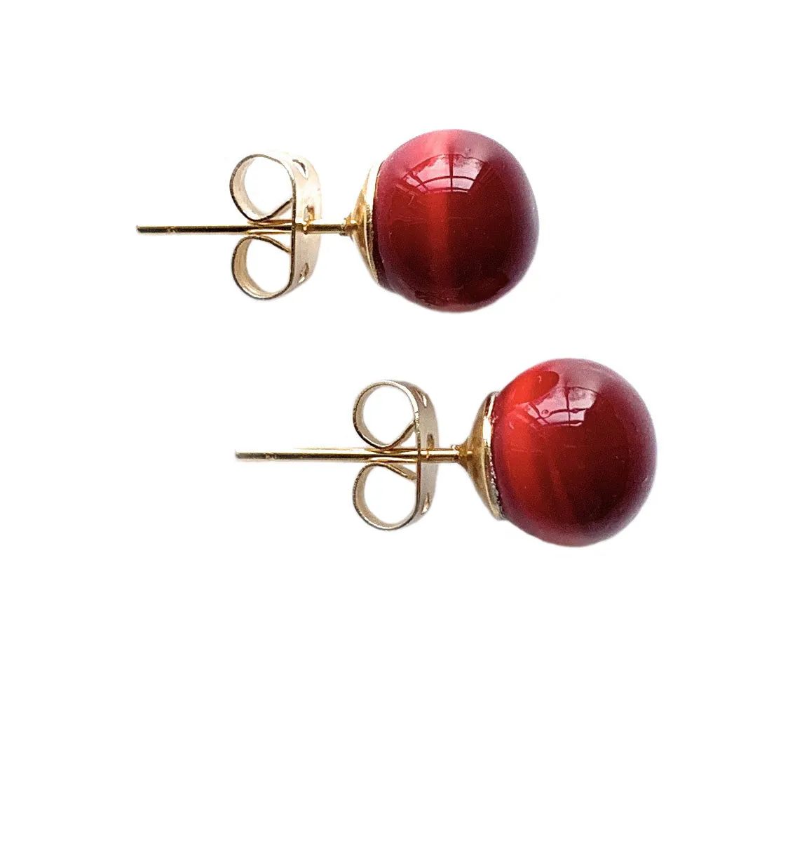 Earrings with dark red pastel Murano glass sphere studs on 24ct gold plated posts