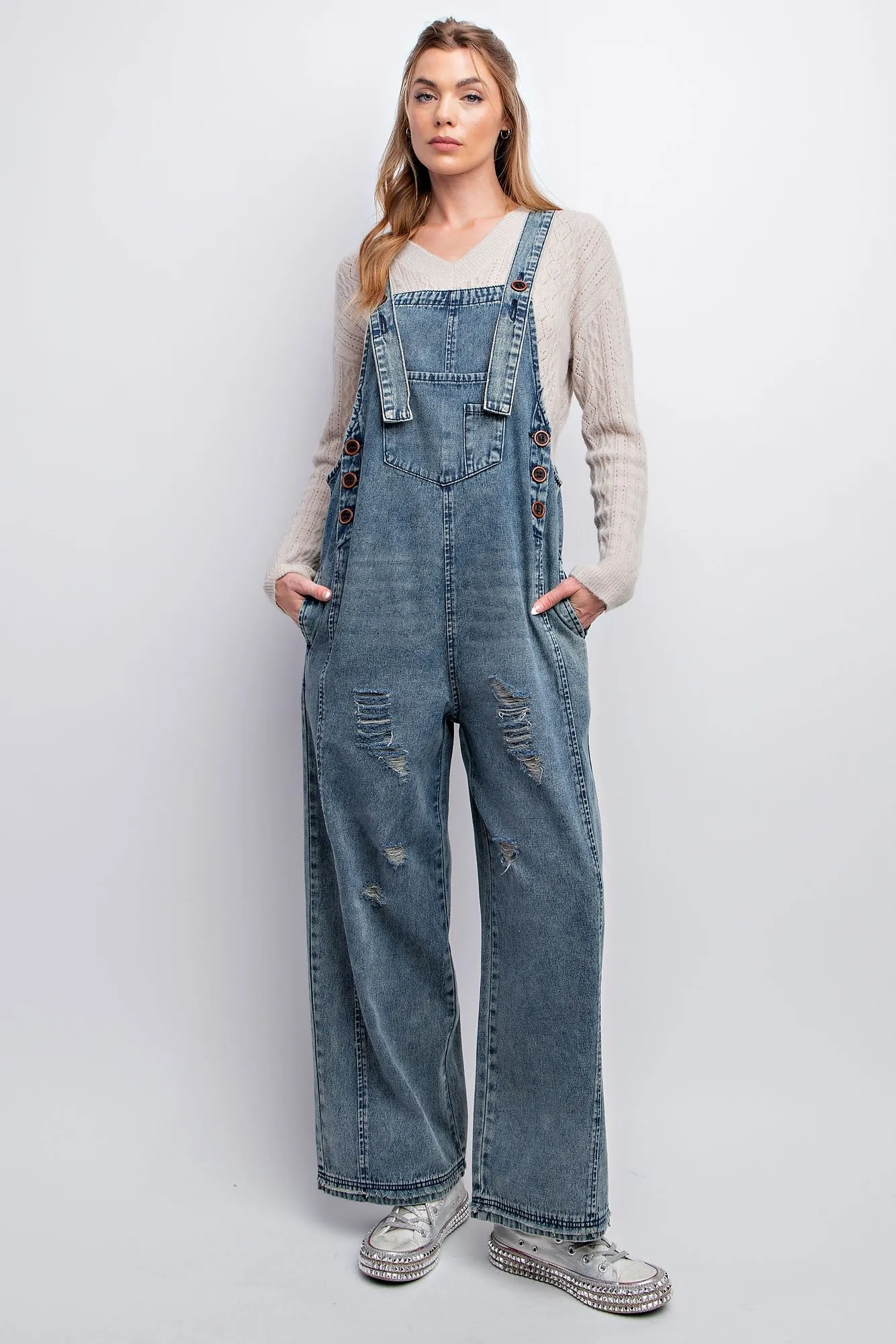 Easel Washed Denim Loose Fit Jumpsuit