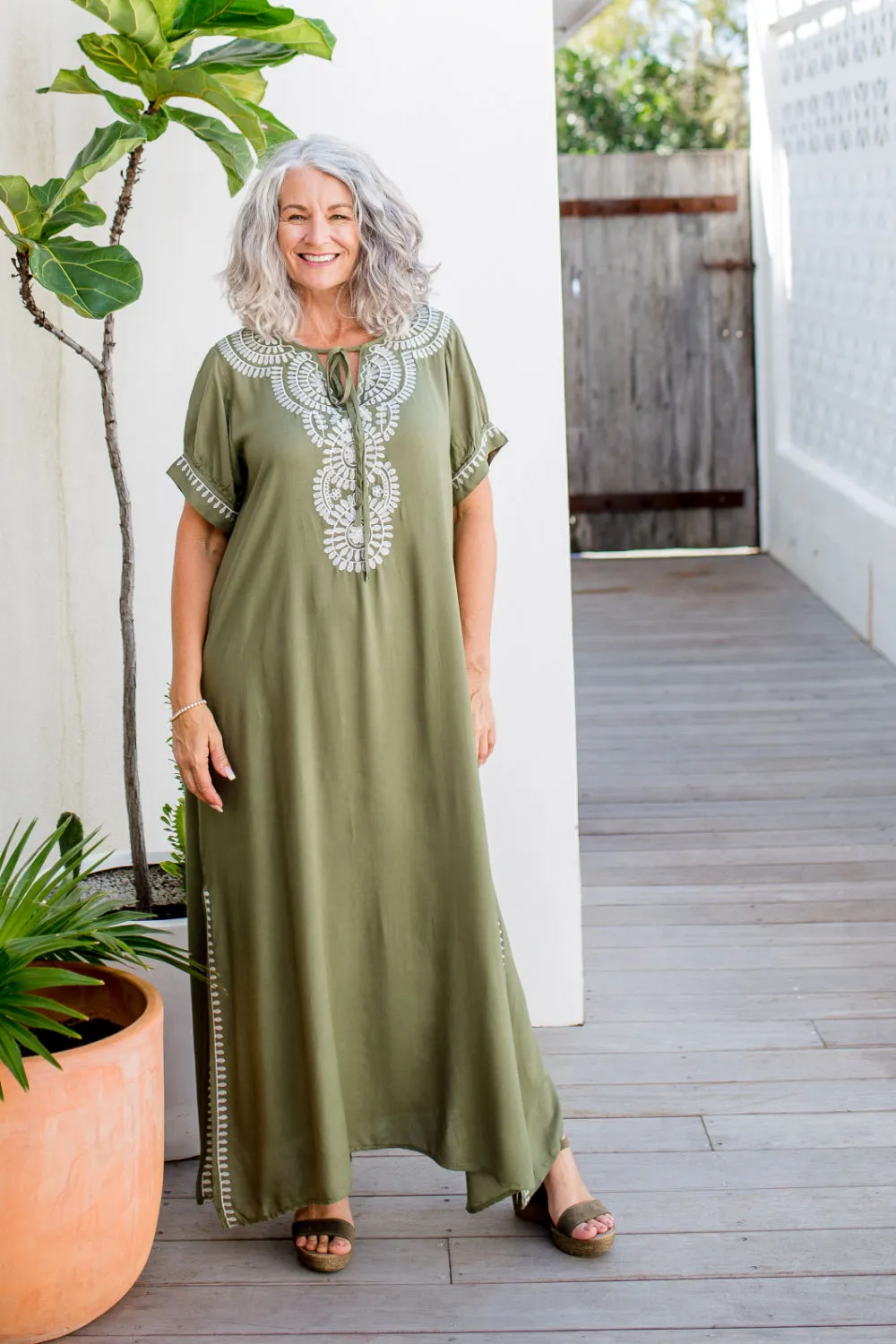 Embroidered Green Kaftan Maxi Dress