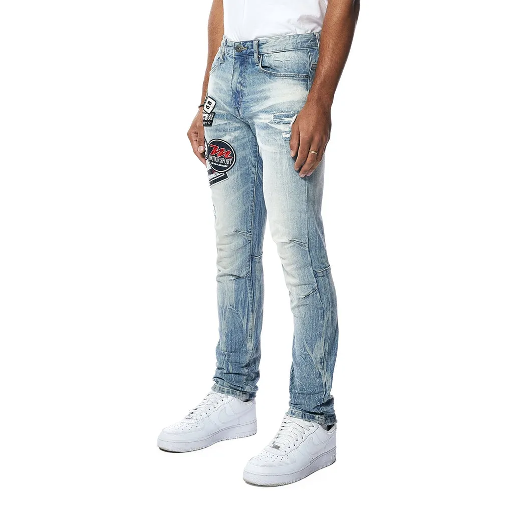 Embroidered Patched Racing Denim Jeans- Beacon Blue